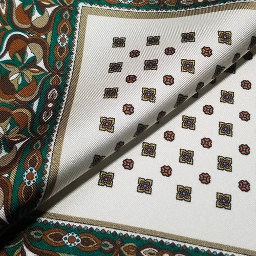 17" White & Green Geometric Silk Twill Pocket Square