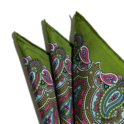 Lime Green & Pink Floral Paisley Silk Pocket Square