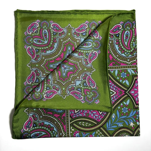 Lime Green & Pink Floral Paisley Silk Pocket Square