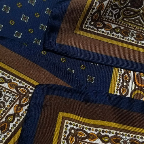 17" Navy Blue / Gold Geometric Silk Twill Pocket Square