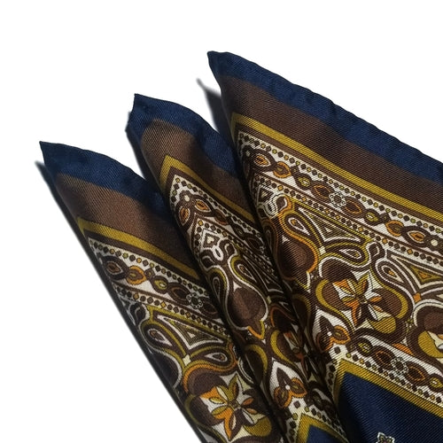 17" Navy Blue / Gold Geometric Silk Twill Pocket Square