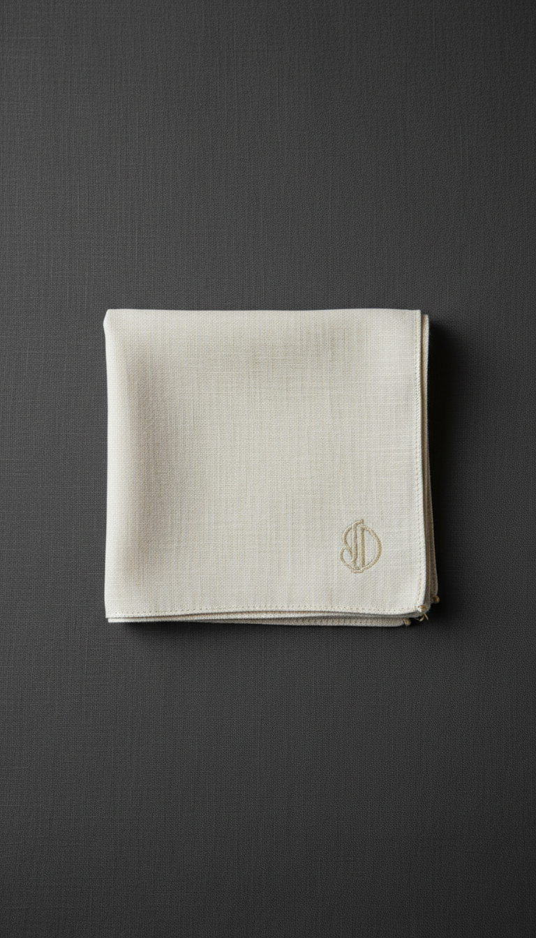 Ivory Linen Pocket Square Subtle Monogram