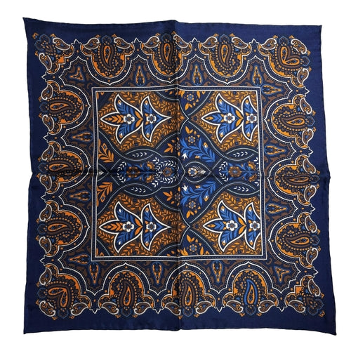 Navy Blue & Gold Floral Paisley Silk Pocket Square