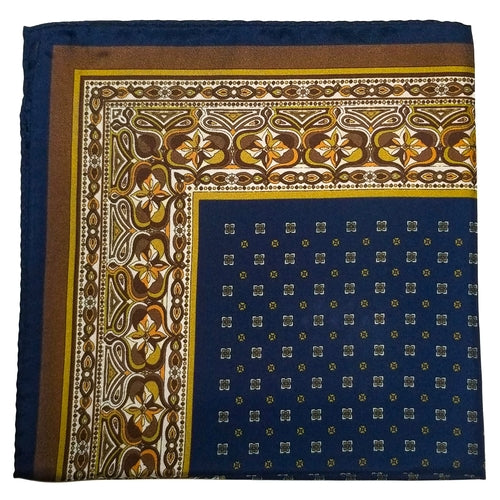 17" Navy Blue / Gold Geometric Silk Twill Pocket Square