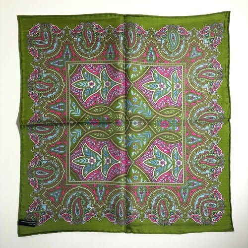 Lime Green & Pink Floral Paisley Silk Pocket Square