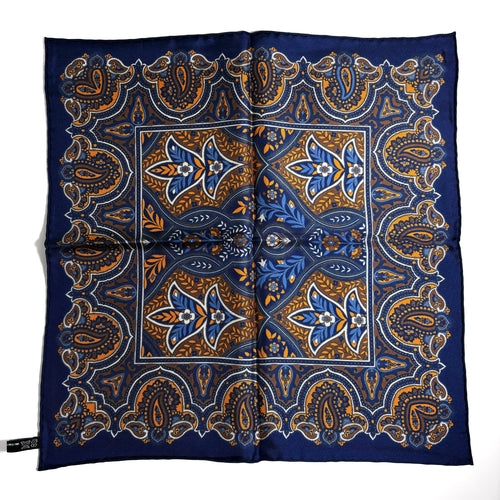 Navy Blue & Gold Floral Paisley Silk Pocket Square