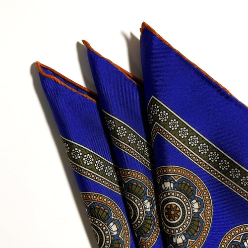 Regal Indigo & Orange Medallion Silk Pocket Square