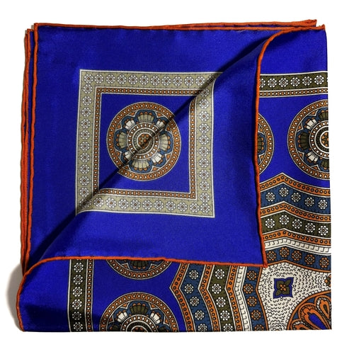 Regal Indigo & Orange Medallion Silk Pocket Square