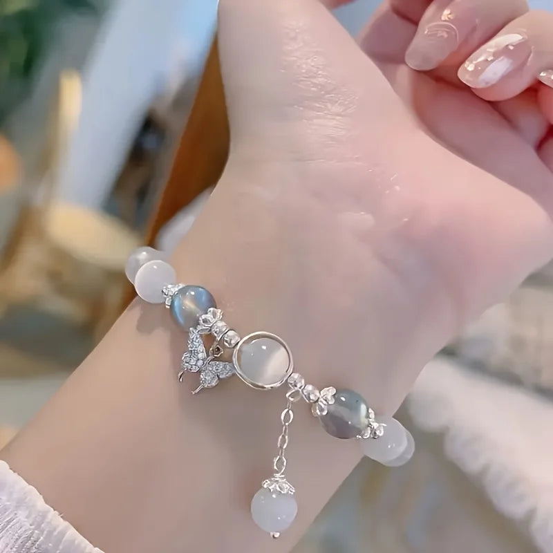 Blue Cat Eye Beaded Bracelet With Butterfly Charm