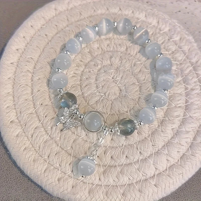 Blue Cat Eye Beaded Bracelet With Butterfly Charm