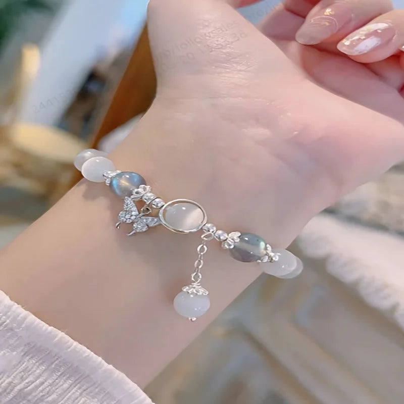 Blue Cat Eye Beaded Bracelet With Butterfly Charm